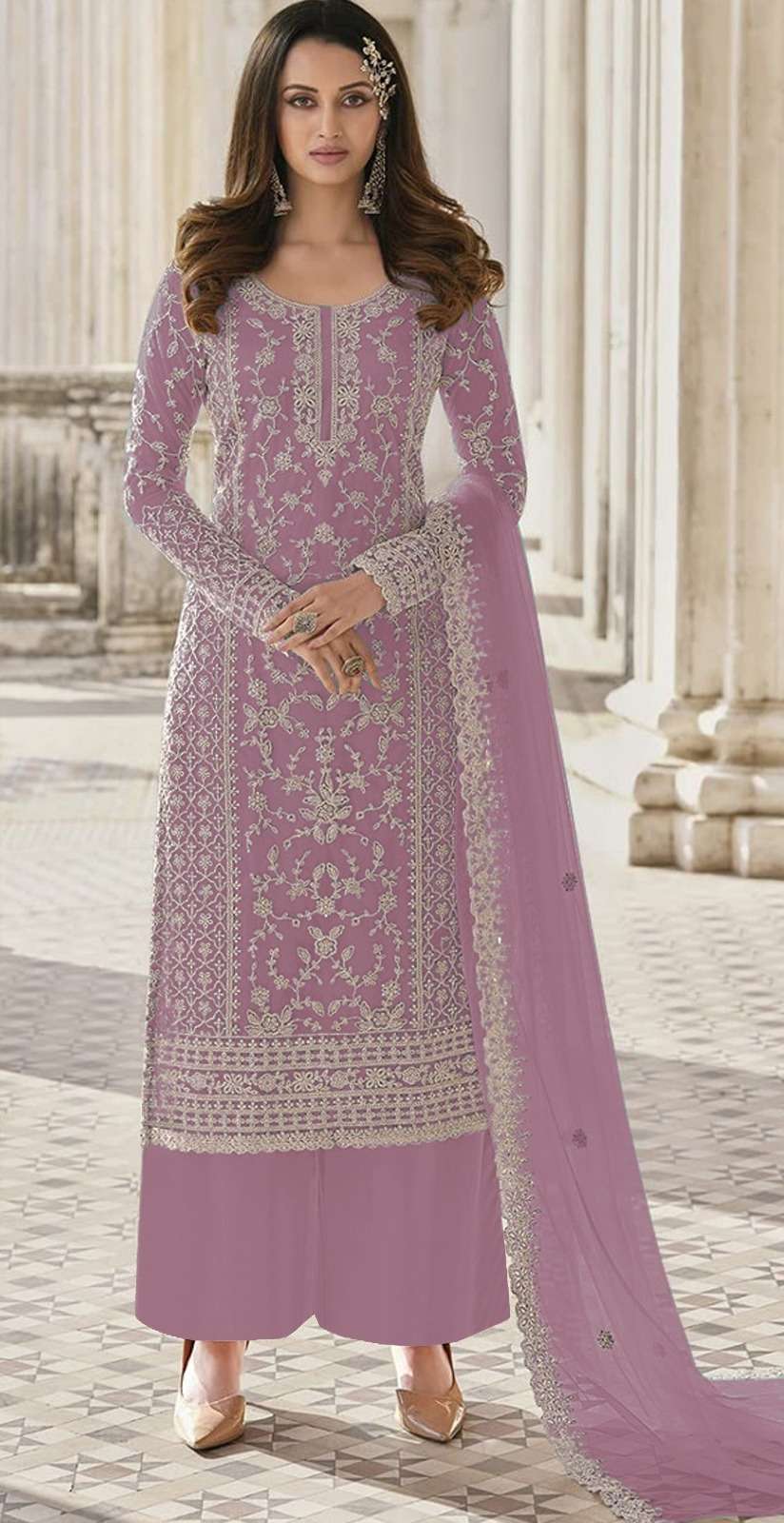 Pure Dola Jacquard Silk Party Wear Plazo in Purple Color with Embroidery  Work - Party Wear Salwar Suit - Suits & Sharara