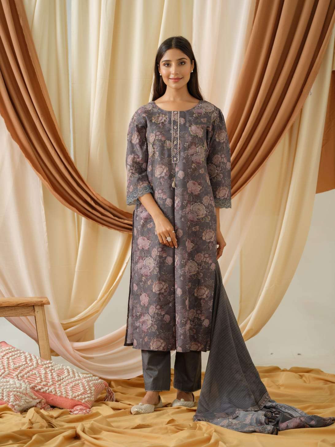 Amazon.com: Indian Blue Cotton Printed Flared Kurti Pant Dupatta Set 516z  (M) : Clothing, Shoes & Jewelry