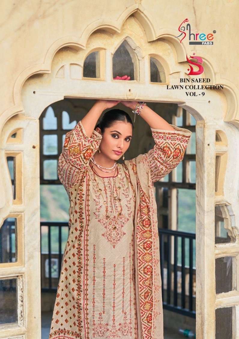 shree fabs binsaeed lawn collection vol-9 series designer partywear  pakistani suit wholesaler surat india gujarat