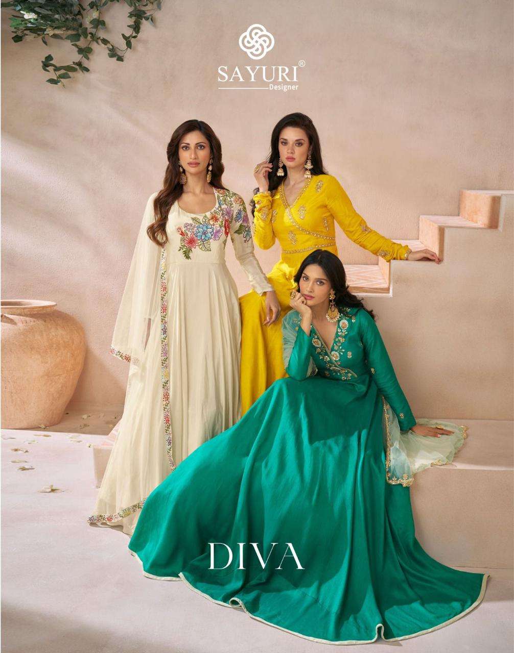 sayuri designer diva 5488-5490 series embroidered designer party wear long  dress collection surat gujarat