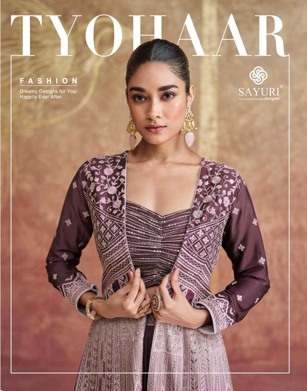 sayuri designer tyohaar 5622-5623 design shrug style party wear dress  catalogue manufacturer surat gujarat