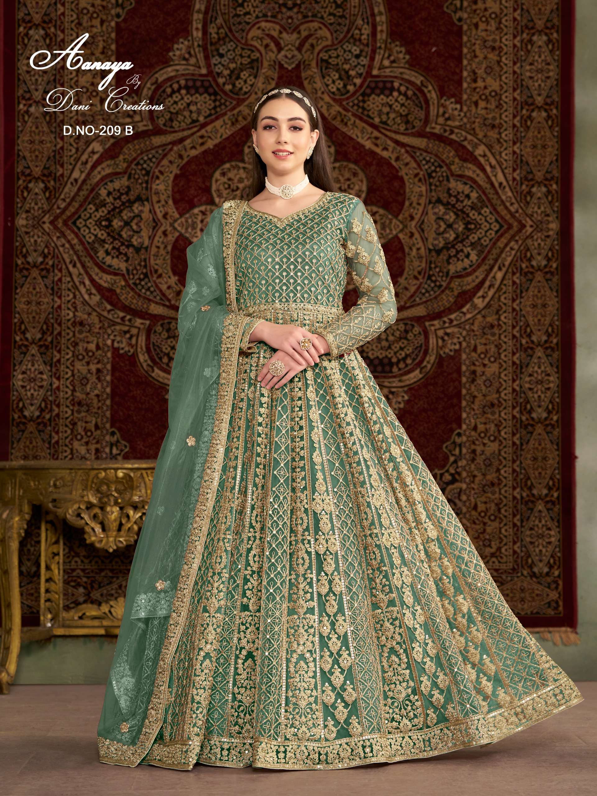 fitted lace wedding dress Parrot green long dress with bandhani dupatta main image 1