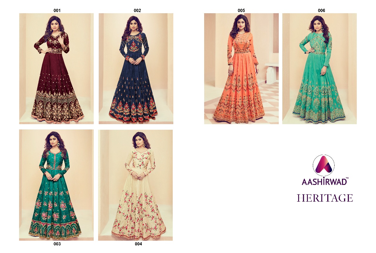 Aashirwad Heritage 01-06 Series Melbourne Silk Heavy Embroidered Anarkali Suits Wholesaler From Surat