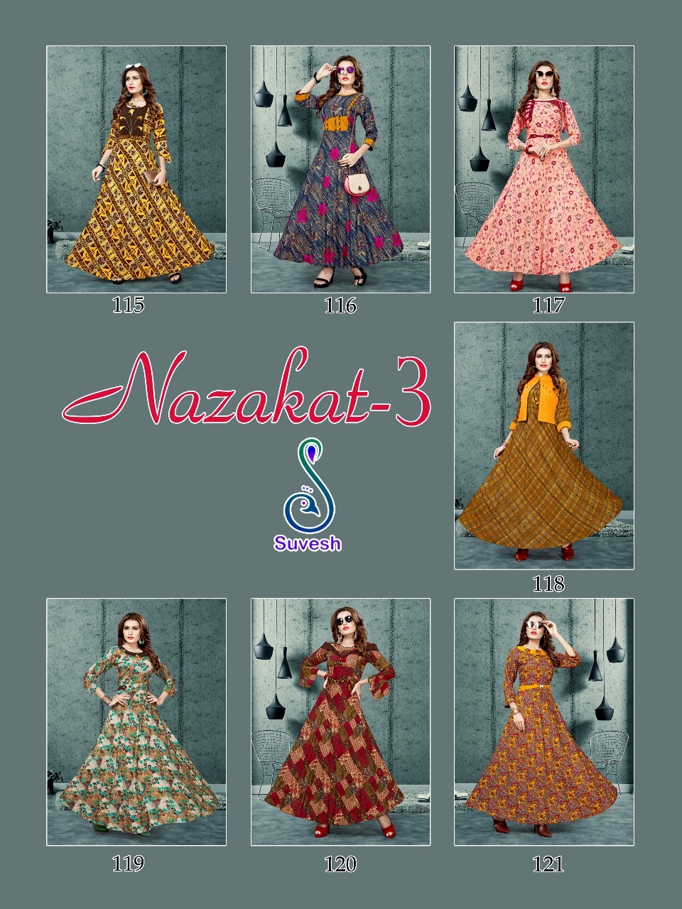 Suvesh Nazakat 3 Catalog Wholesale Rayon Designer Long Kurtis Best Rate Seller Surat