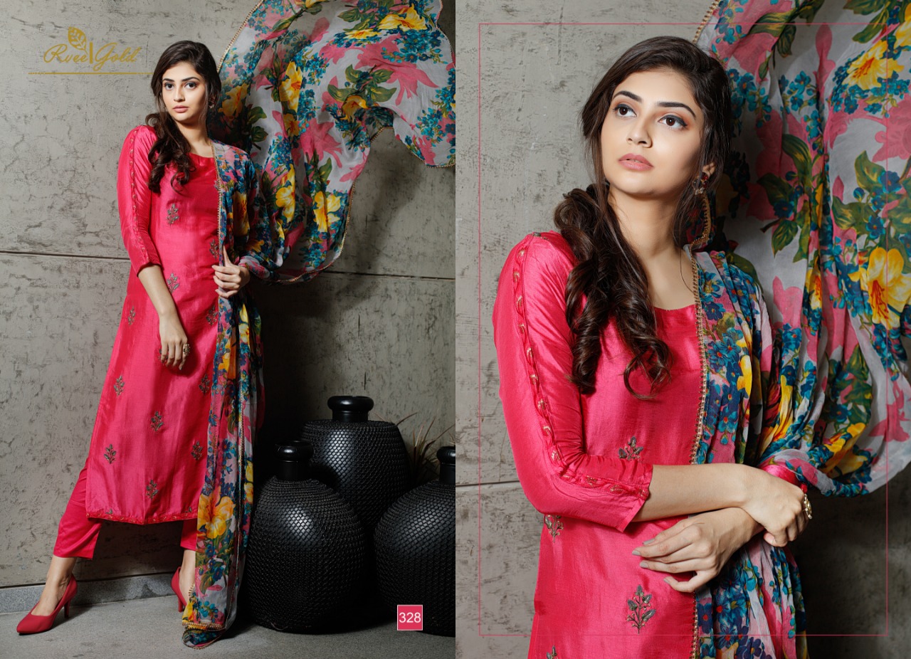 Rvee Gold Retro Speck Catalog Pure Silk Designer Embroidered Party Wear Punjabi Dress Wholesale Rate Seller Surat