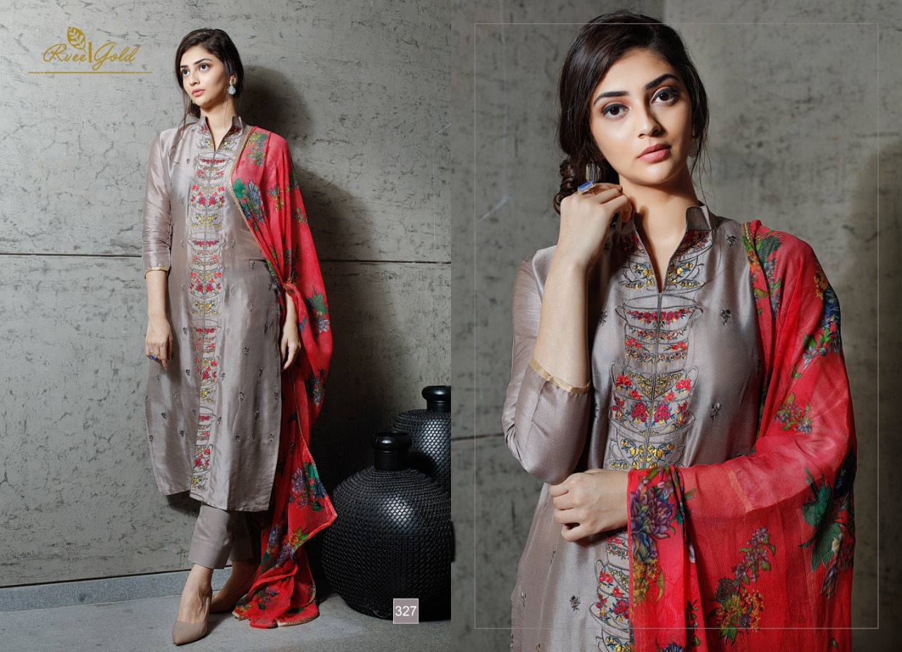 Rvee Gold Retro Speck Catalog Pure Silk Designer Embroidered Party Wear Punjabi Dress Wholesale Rate Seller Surat