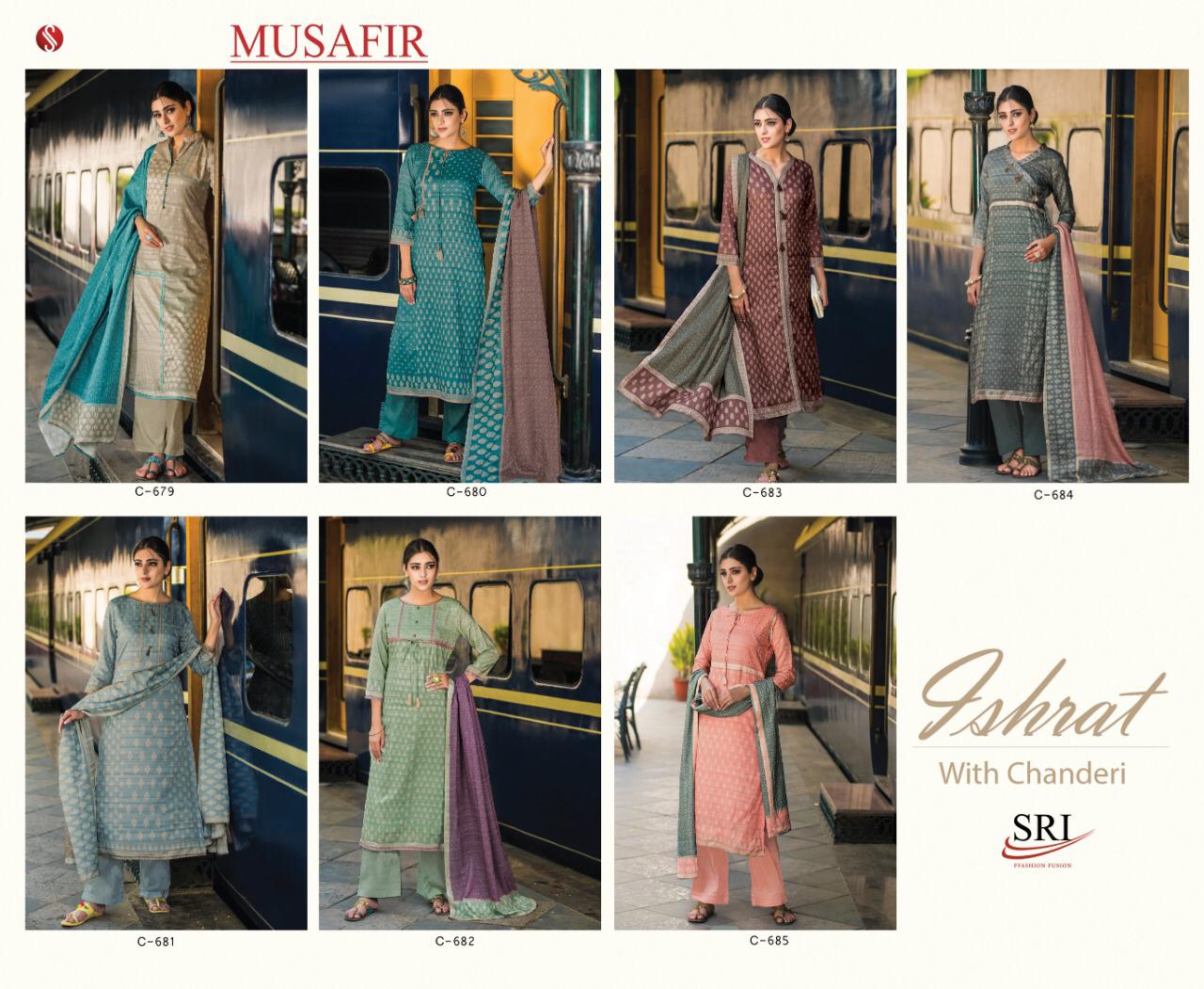 Sri Musafir Ishrat Chanderi Cremay Silk Punjabi Suits Wholesaler Surat