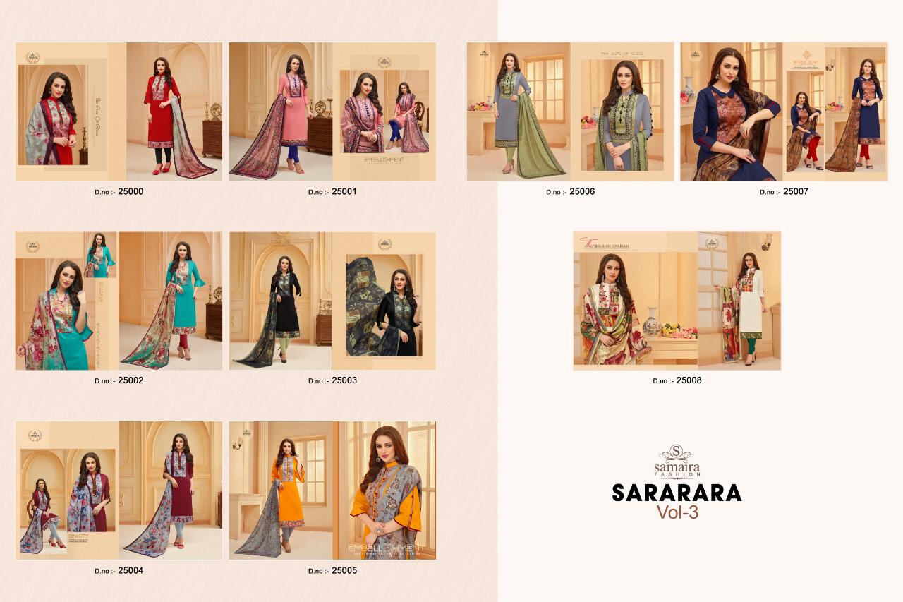 Samaira Fashion Sararara Vol 3 Glace Cotton Fancy Suits Supplier Surat