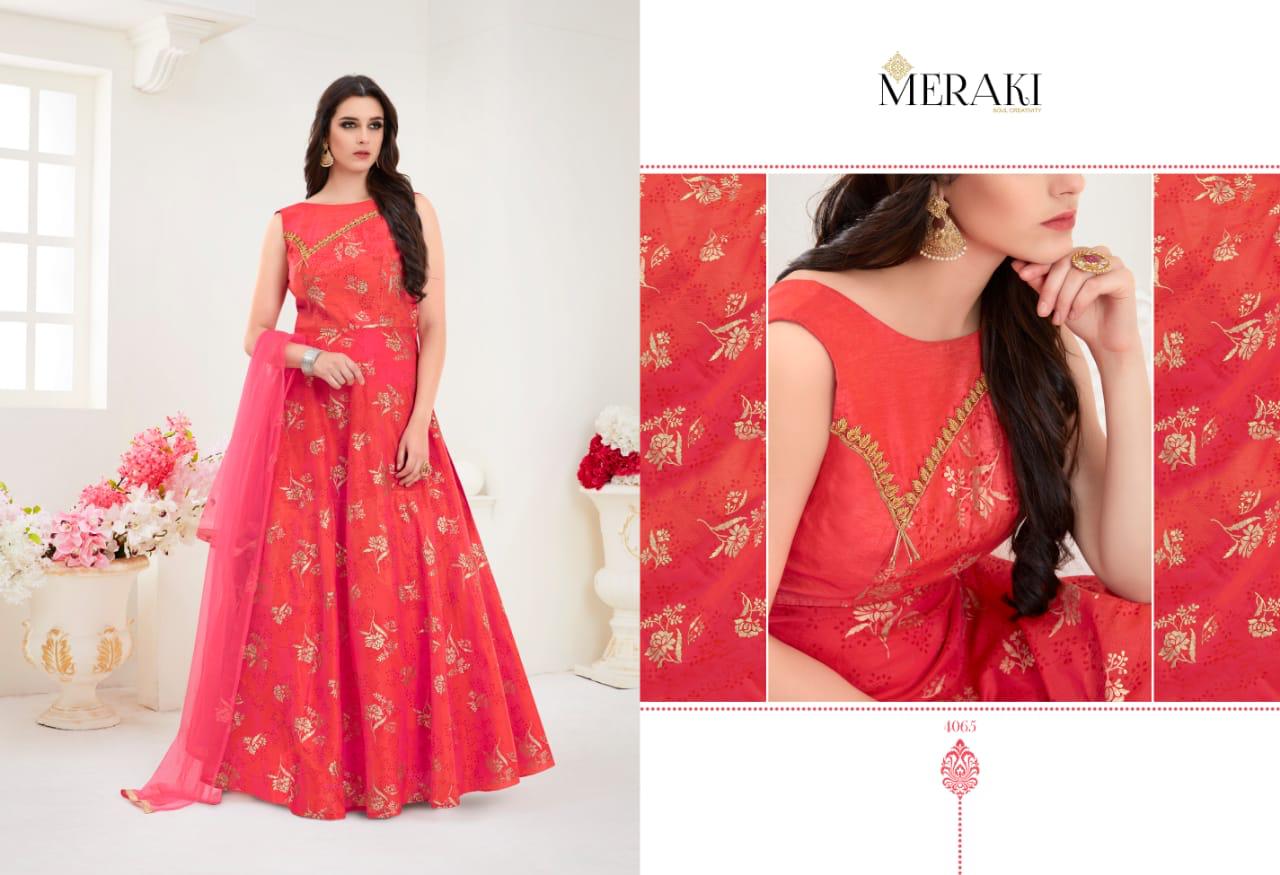Meraki Rangat Heavy Modal With Foil Printed Long Stich Gown Cataloge With Dupatta Wholesale Rate In Surat