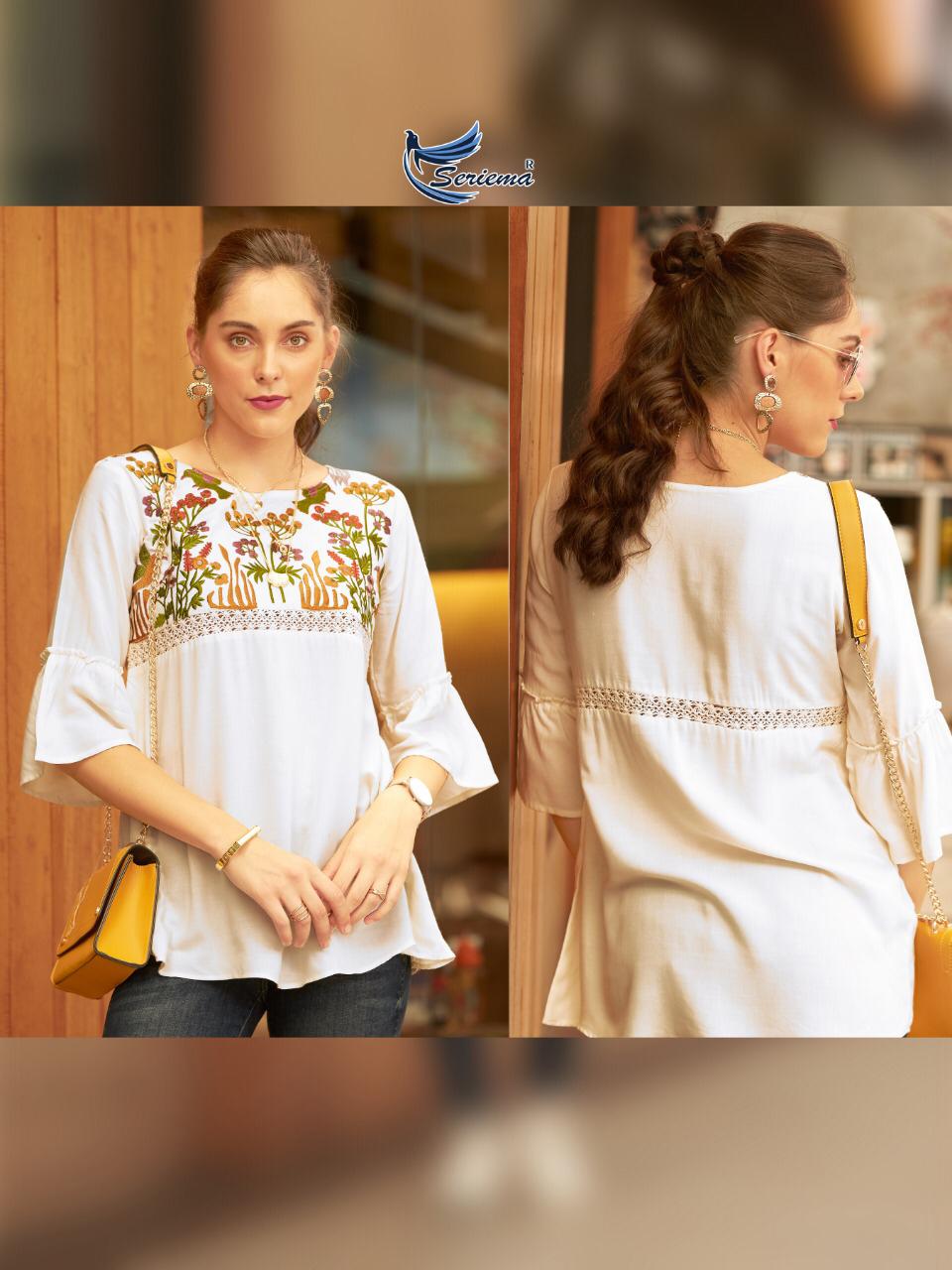 Seriema Glazier Nx Catalogue Rayon Stylish Embroidery Short Tops Collection Wholesale Rate