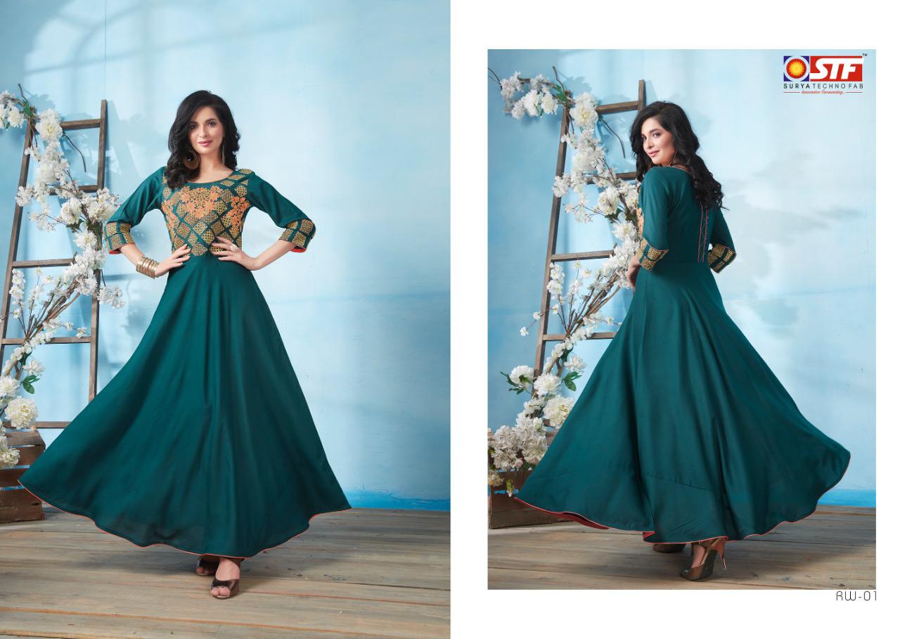 Stf Riwaaz Catalogue Exclusive Designer Rayon Heavy Party Wear Kurtis Collection Wholesale Supplier From Surat