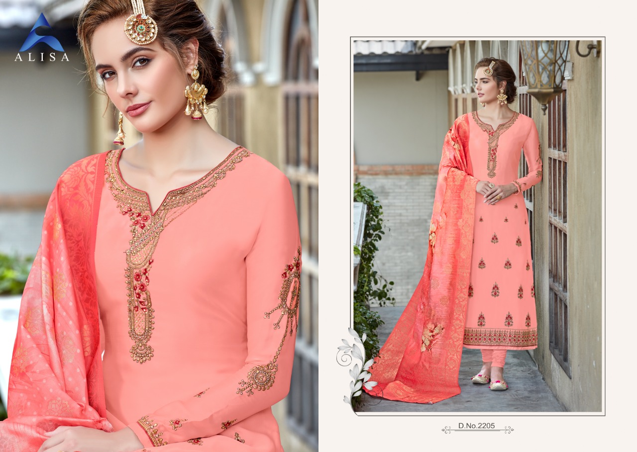 Alisa Suhan Catalogue Exclusive Satin Georgette Embroidery Work Suits Collection Wholesale Rates Online Dealer From Surat
