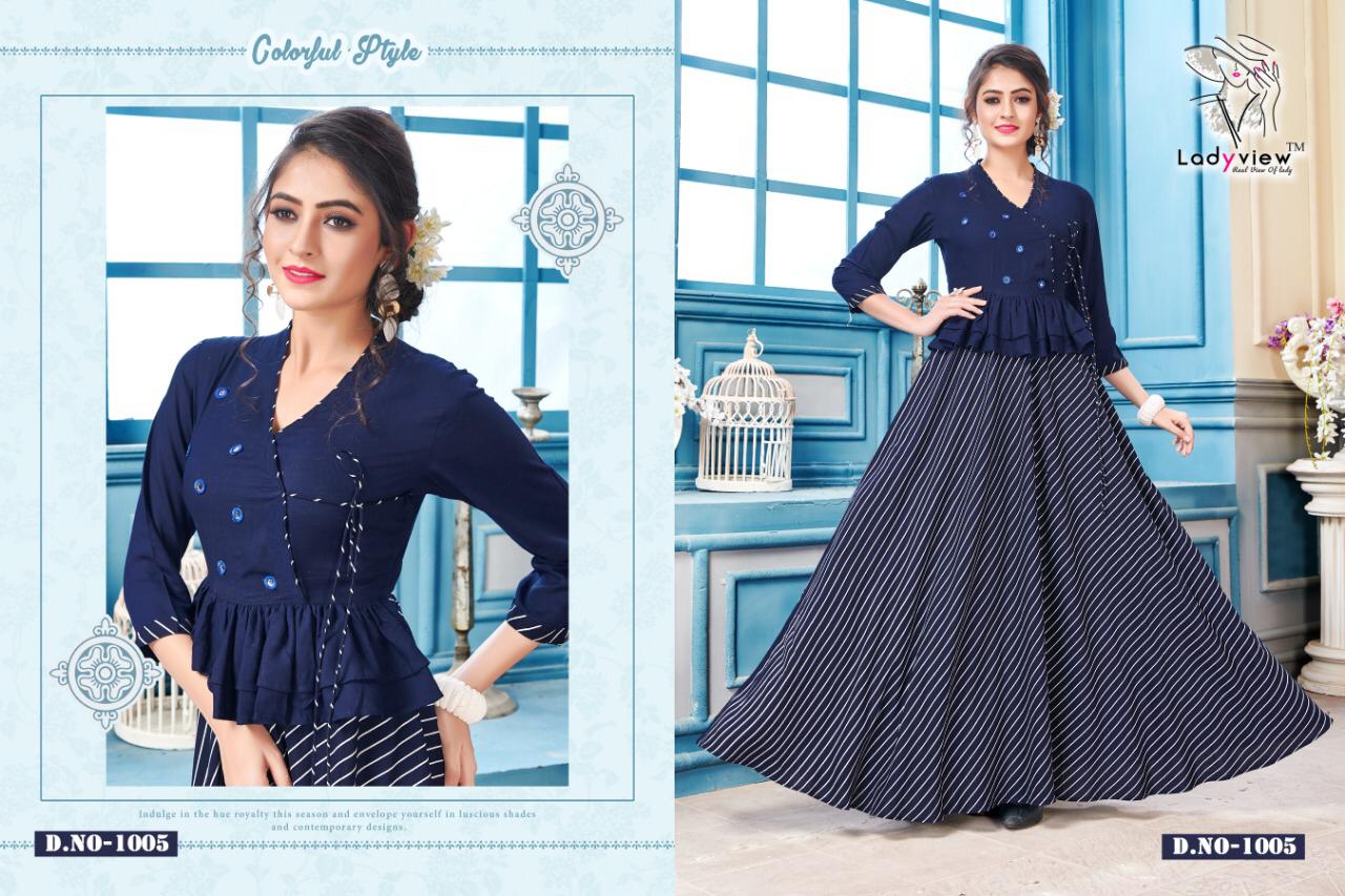 Ladyview Aneri Vol 2 Catalogue Lining Rayon Slub With Work Party Wear Long Kurtis Collection Wholesale Rates From Surat