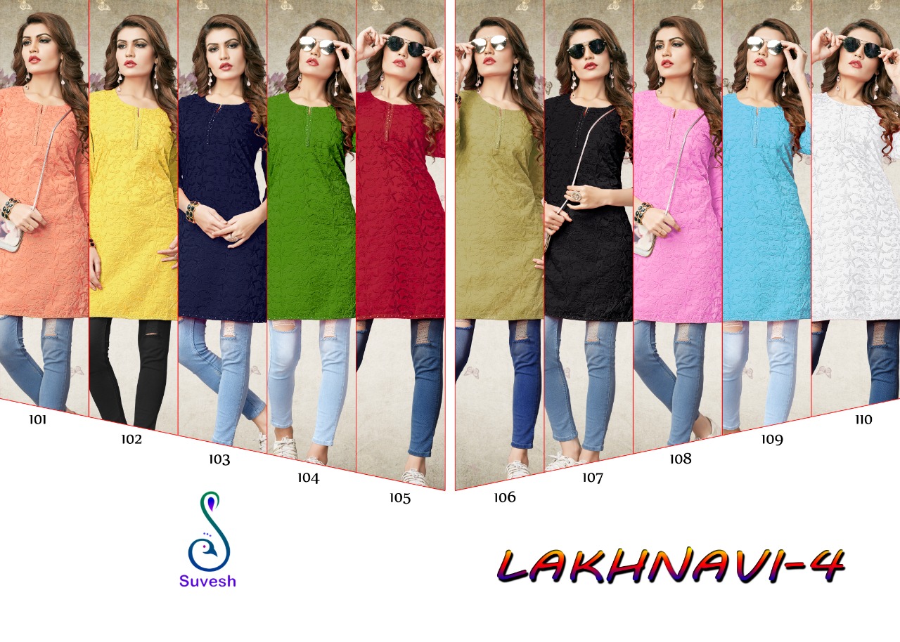 Suvesh Lakhnavi Vol 4 Catalogue Fancy Soft Rich Cotton With Embroidery Work Kurtis Collection Wholesale Surat