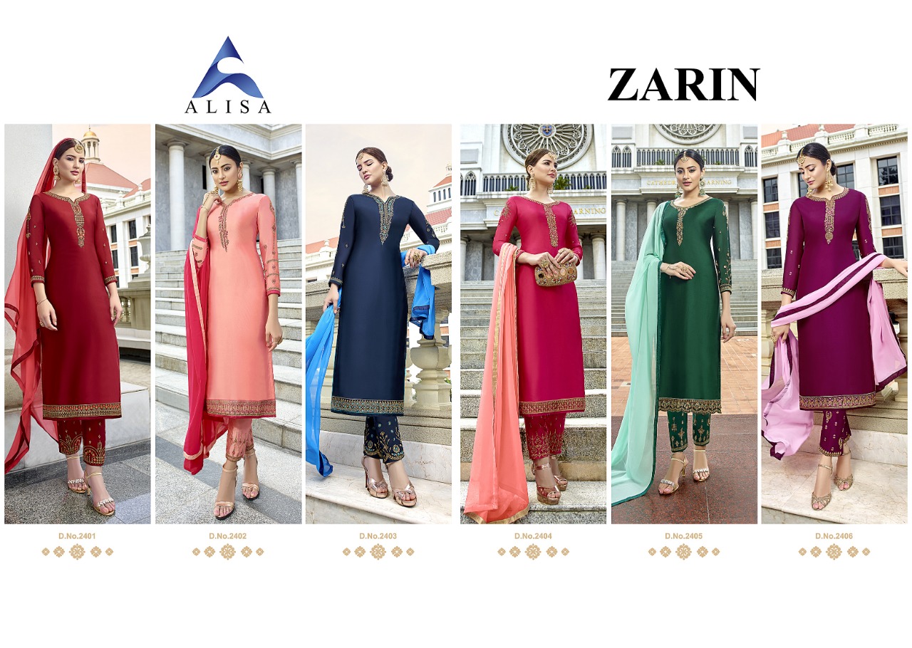 Alisa Zarin Fancy Satin Georgette Embroidery Work Salwar Suits Wholesale Collection From Surat