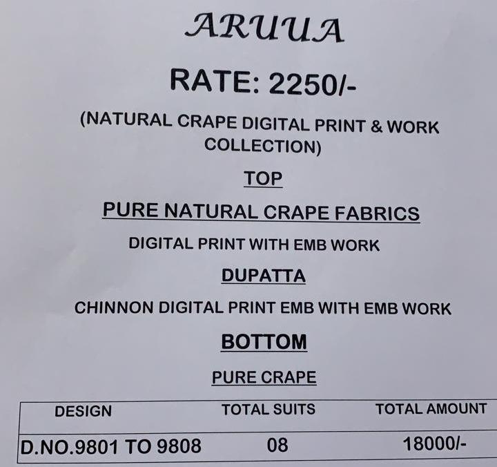 Aruua By Vivek Fashion Wholesale Rates Crape Suits Embroidery Collection Online Supplier Surat