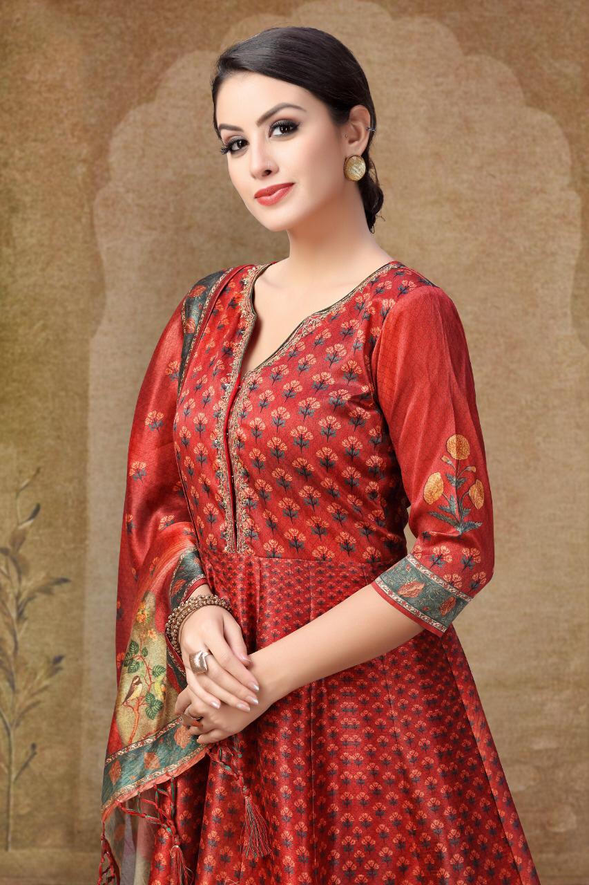 Mrigya Amaira Catalogue Tussar Silk Digital Prints Handwork Gown With Dupatta Collection Wholesale Surat