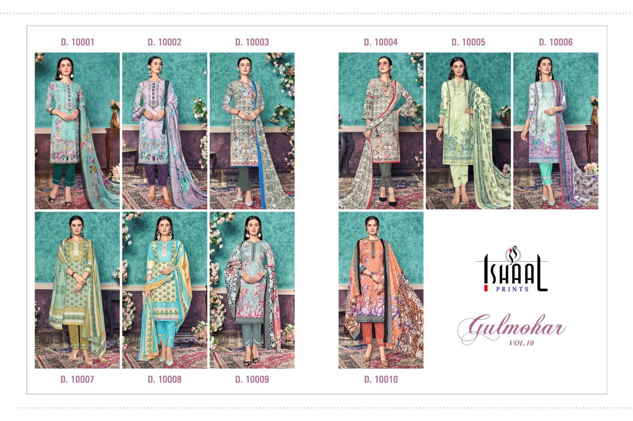 Ishaal Prints Gulmohar Vol 10 10001-10010 Series Pure Lawn Printed Pakistani Suits Collection Surat