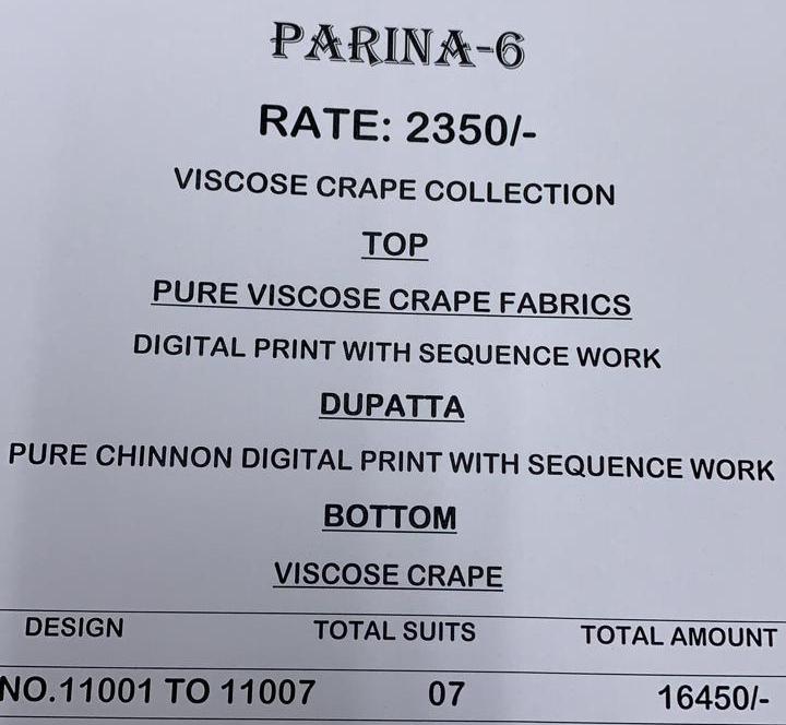 Vivek Fashion Parina Vol 6 Catalogue Pure Crape Suits Collection Wholesale Rates Online Surat