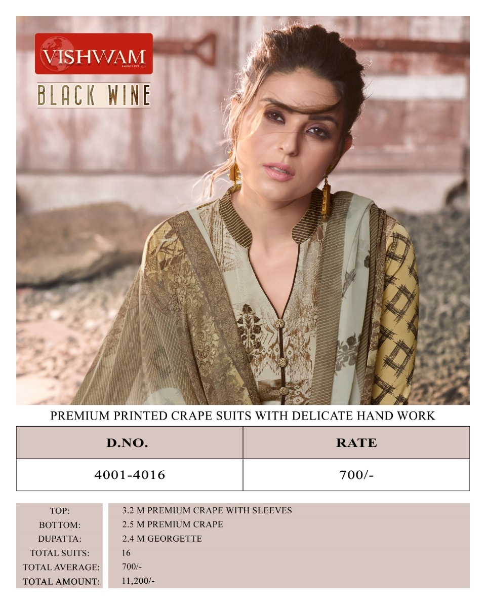 Vishwam Launch Black Wine Pure Crape Suits Collection Wholesale Online Surat