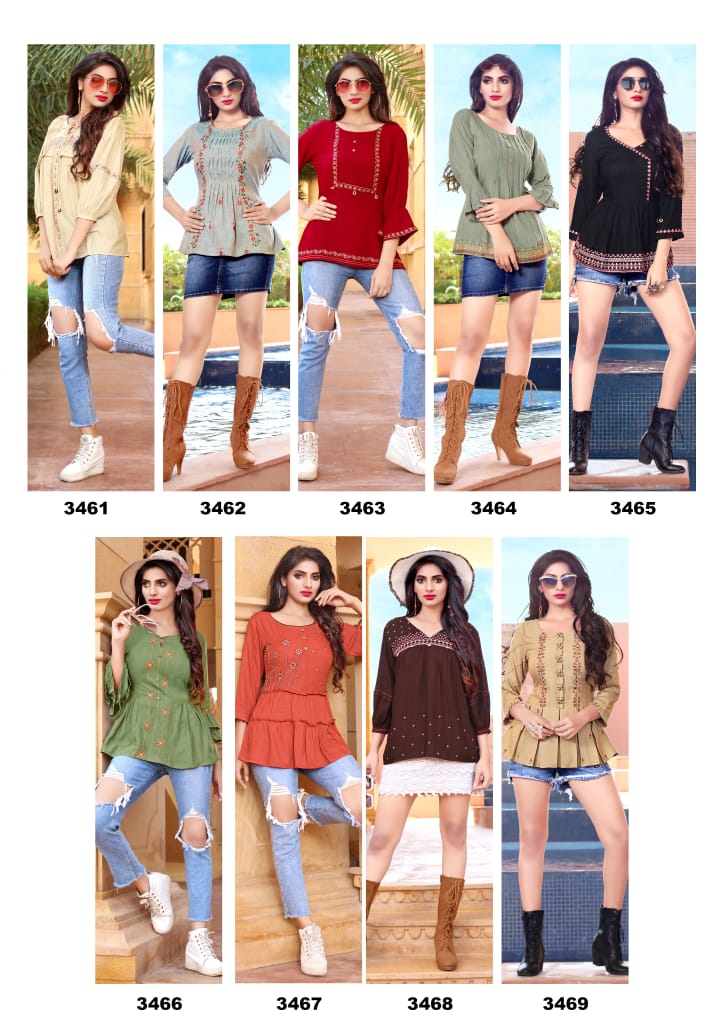Topsy Vol-9 Yami Fashion 3461-3469 Series Rayon Wholesale Rates Short Tops Collection