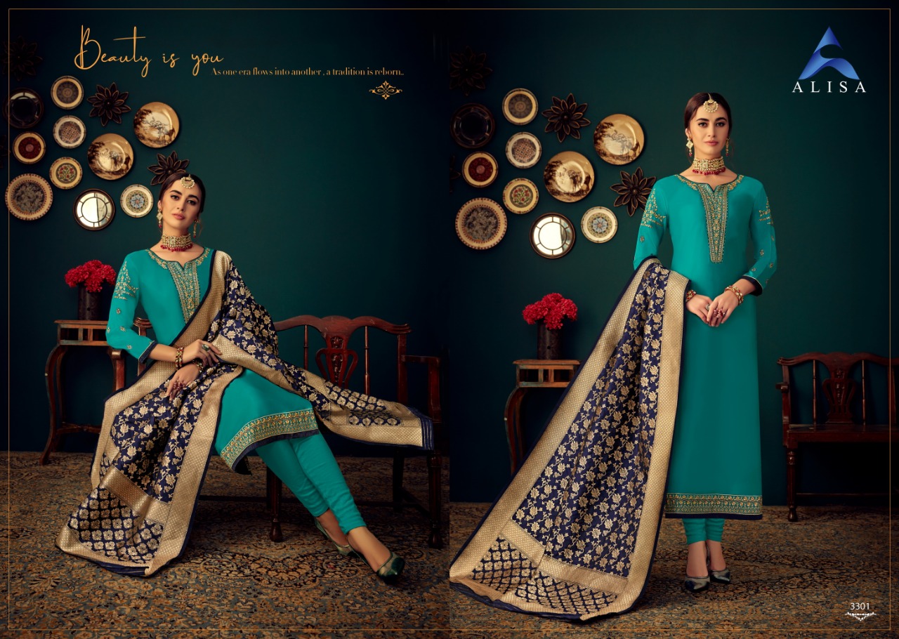 Alisa Gul Banaras 3301-3306 Series Jam Satin Cotton Work Dress Material Collection Surat
