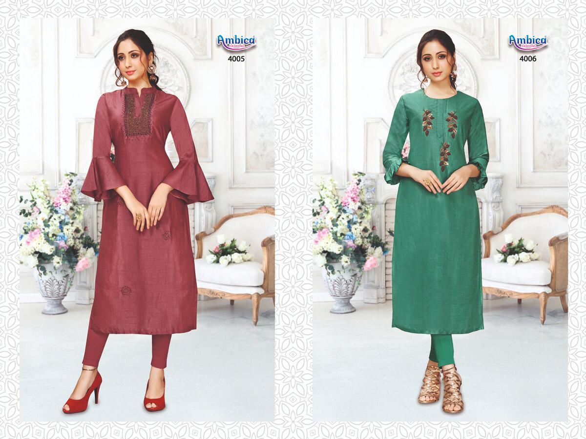Buy Ambica Fashion Aishani 4001-4008 Series Ikkat Silk Kurtis Wholesaler