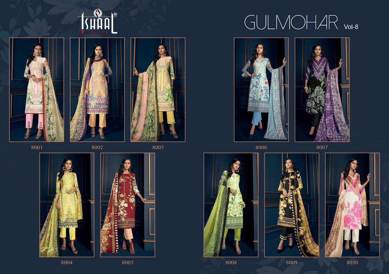 Ishaal Prints Gulmohar Vol-8 8001-8010 Series Pure Lawn Dress Material Wholesale Price