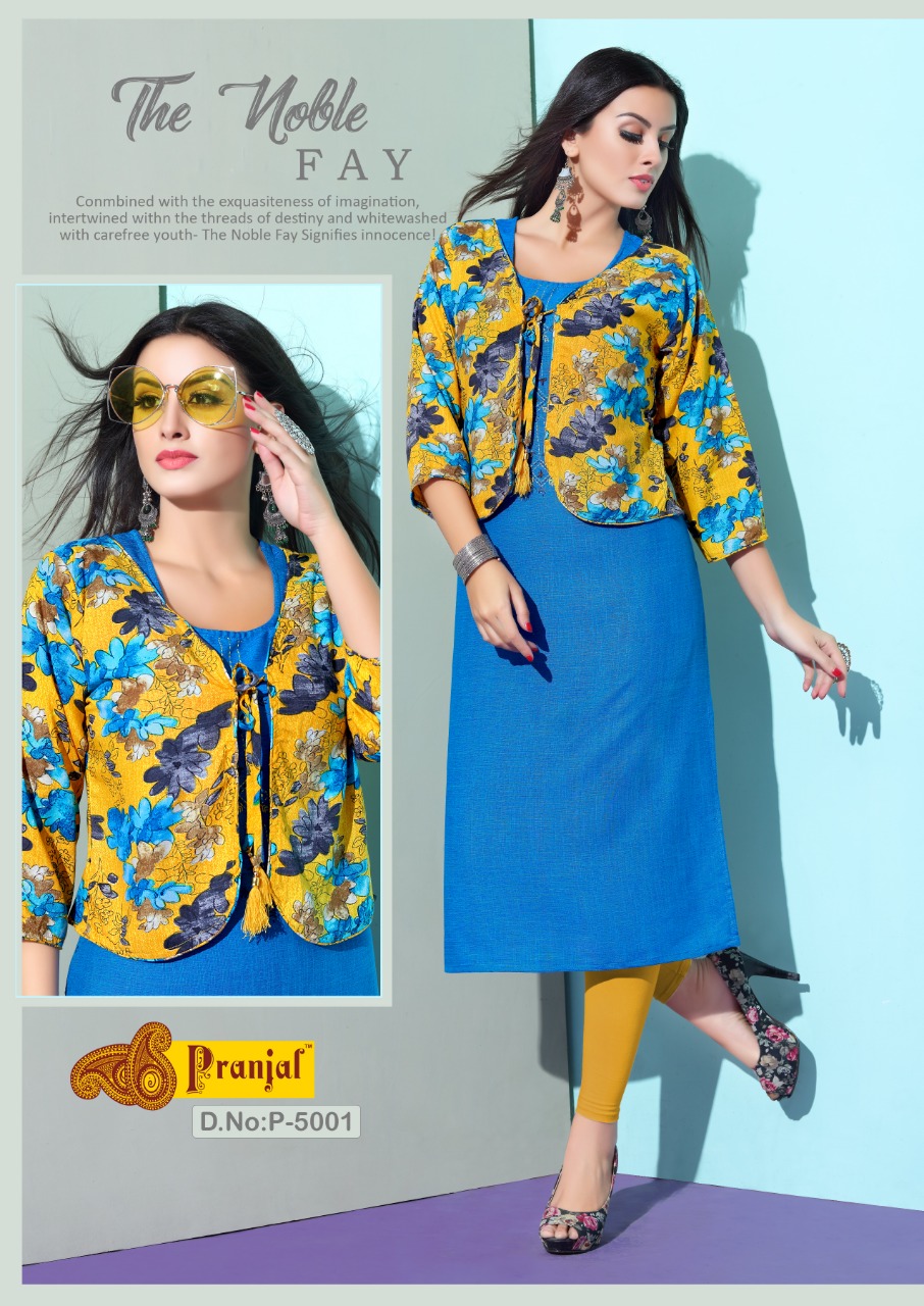 Pranjal Passion Vol-5 5001-5009 Series Rayon Slub Plain Kurtis With Printed Koti Collection Wholesale Price