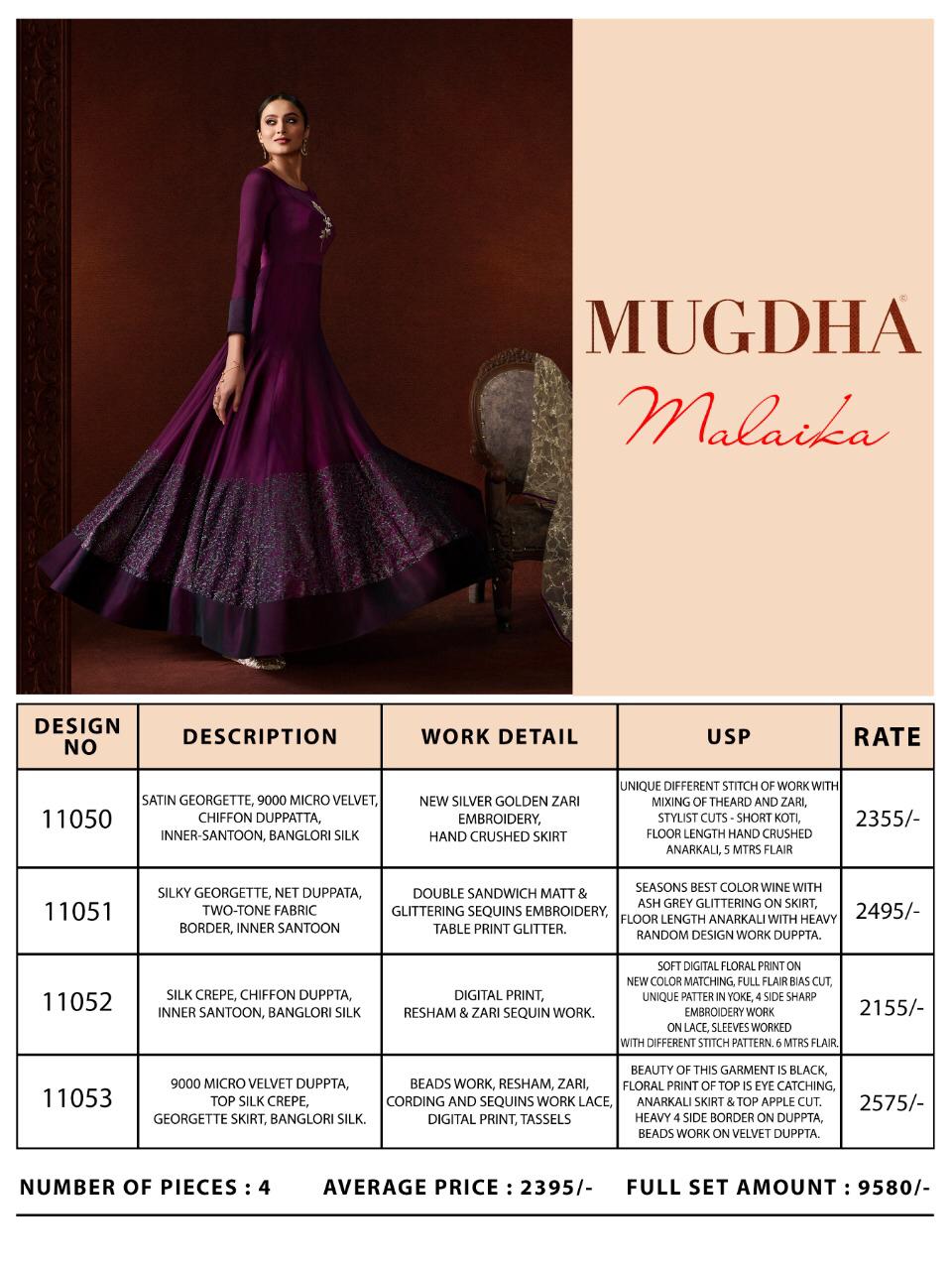 Mugdha Malaika 11050-11053 Series Wholesale Party Wear Long Salwar Suits Collection Wholesale Supplier From Surat
