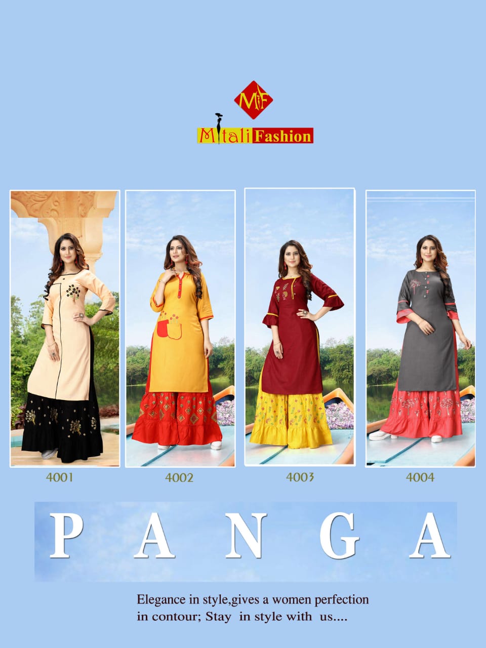 Panga By Mitali Fashion 4001-4004 Series Rayon Embroidery Work Kurtis With Plazzo Set Wholesaler
