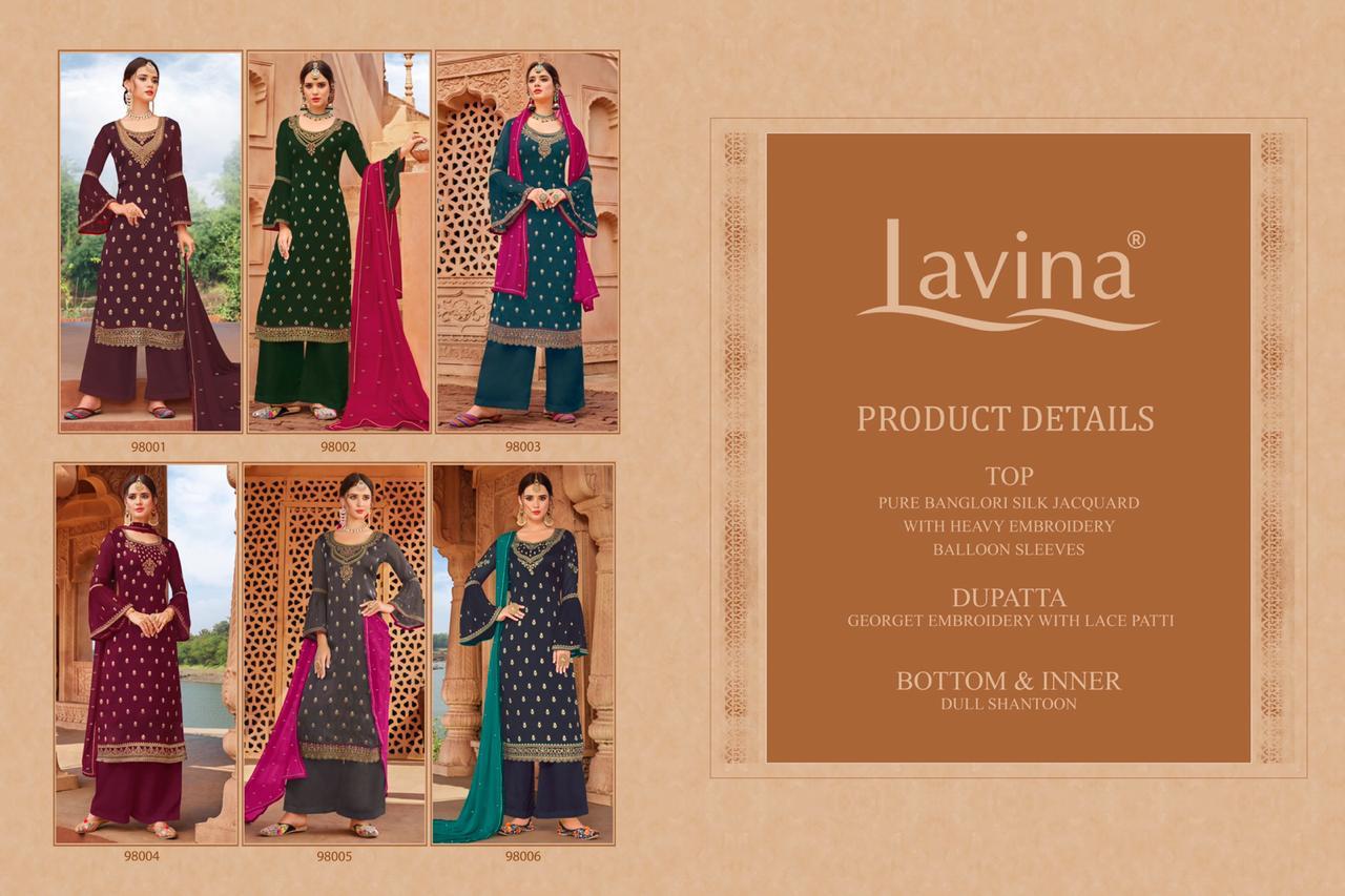 Buy Online Lavina Vol-98 98001-98006 Series Fancy Silk Designer Suits Collection Wholesale Surat