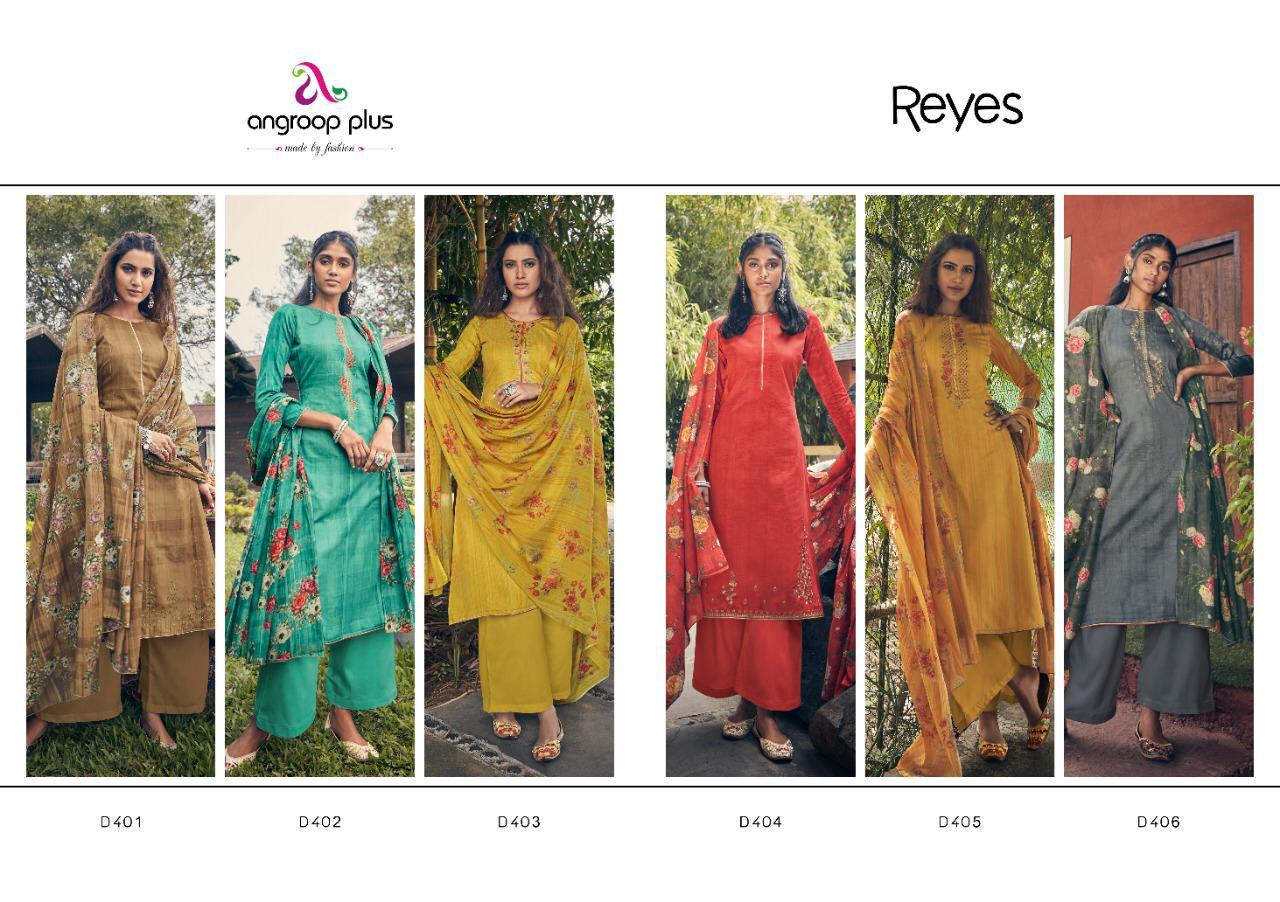 Buy Online Angroop Plus Reyes 401-406 Series Cotton Silk Prints Wholesale Suits Collection