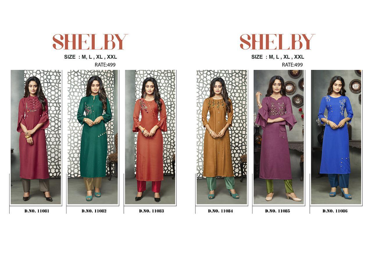 Kajree Kalaroop Shelby 11081-11086 Series Fancy Rayon Designer Kurtis Catalogue Wholesale Price