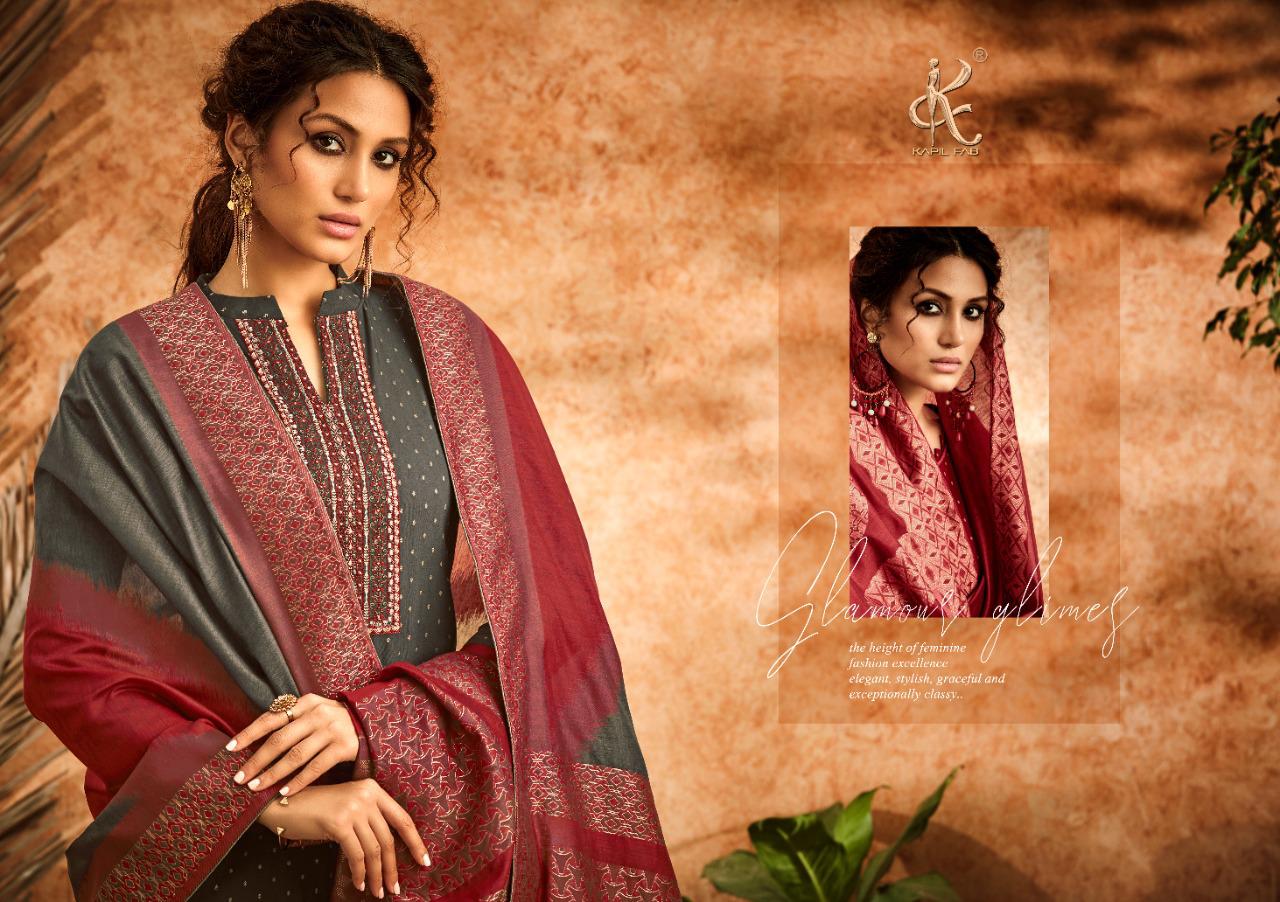 Kapil Fab Sheen Cotton Banarasi Fancy Embroidery Work Dress Material Collection Surat