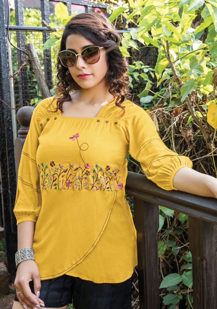 Yami Fashion Topsy 11 Rayon Short Embroidery Fancy Kurtis Collection Wholesale Rate