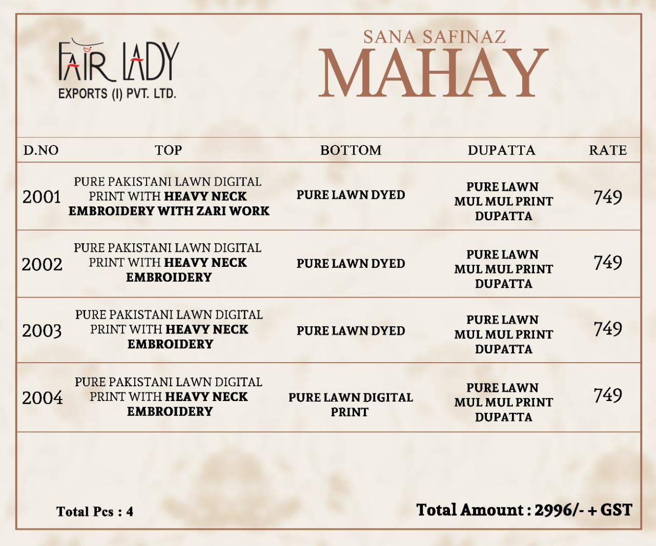 Sana Safinaz Fair Lady Mahay Fancy Pakistani Suits Collection Wholesale Rates Surat