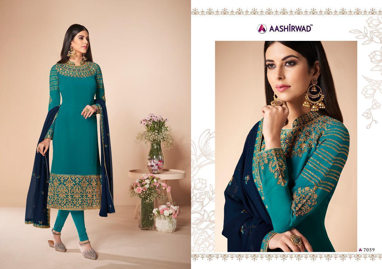 Aashirwad Creation Cross Stich 7054-7059 Series Party Wear Straight Embroidery Suits Collection Wholesale Rate Supplier In Surat