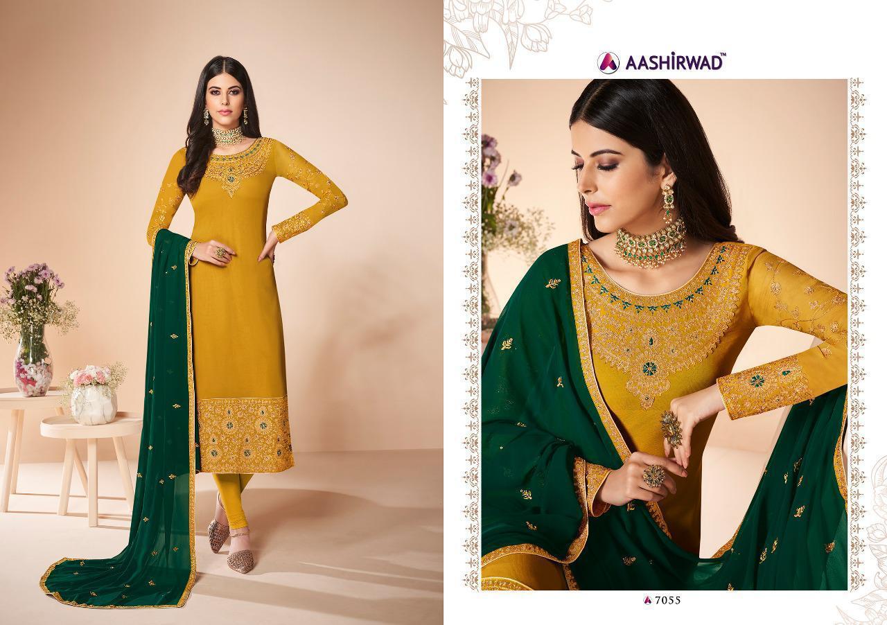 Aashirwad Creation Cross Stich 7054-7059 Series Party Wear Straight Embroidery Suits Collection Wholesale Rate Supplier In Surat