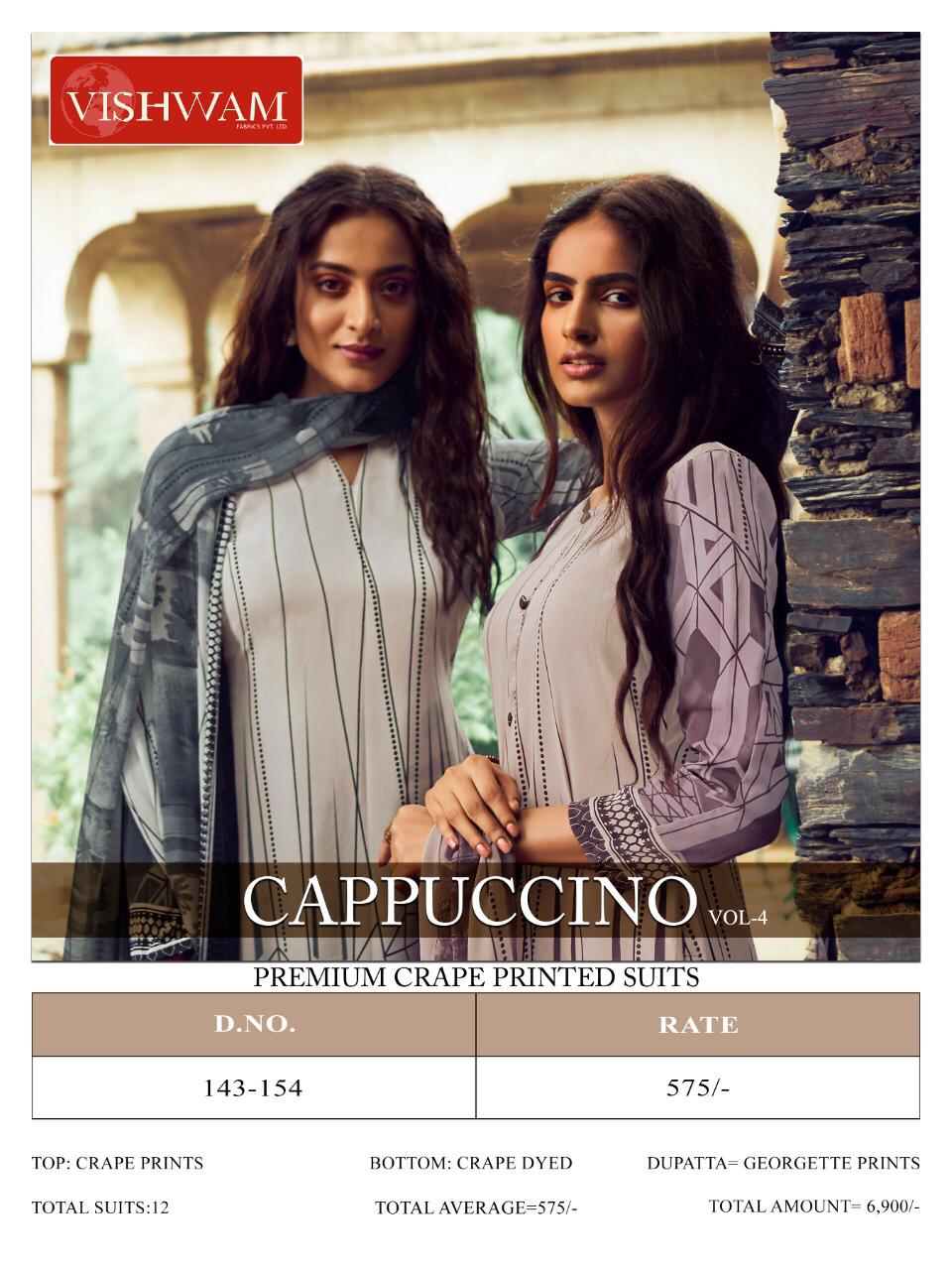 Vishwam Cappuccino Vol 4 Exclusive Crape Printed Suits Catalogue Wholesale Price Surat