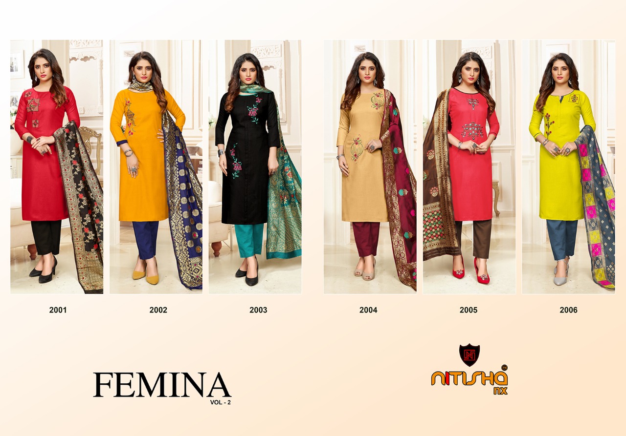 Nitisha Nx Femina Vol 2 Heavy Cotton Designer Kurtis With Banarasi Dupatta Combo Set Wholesale Price Supplier