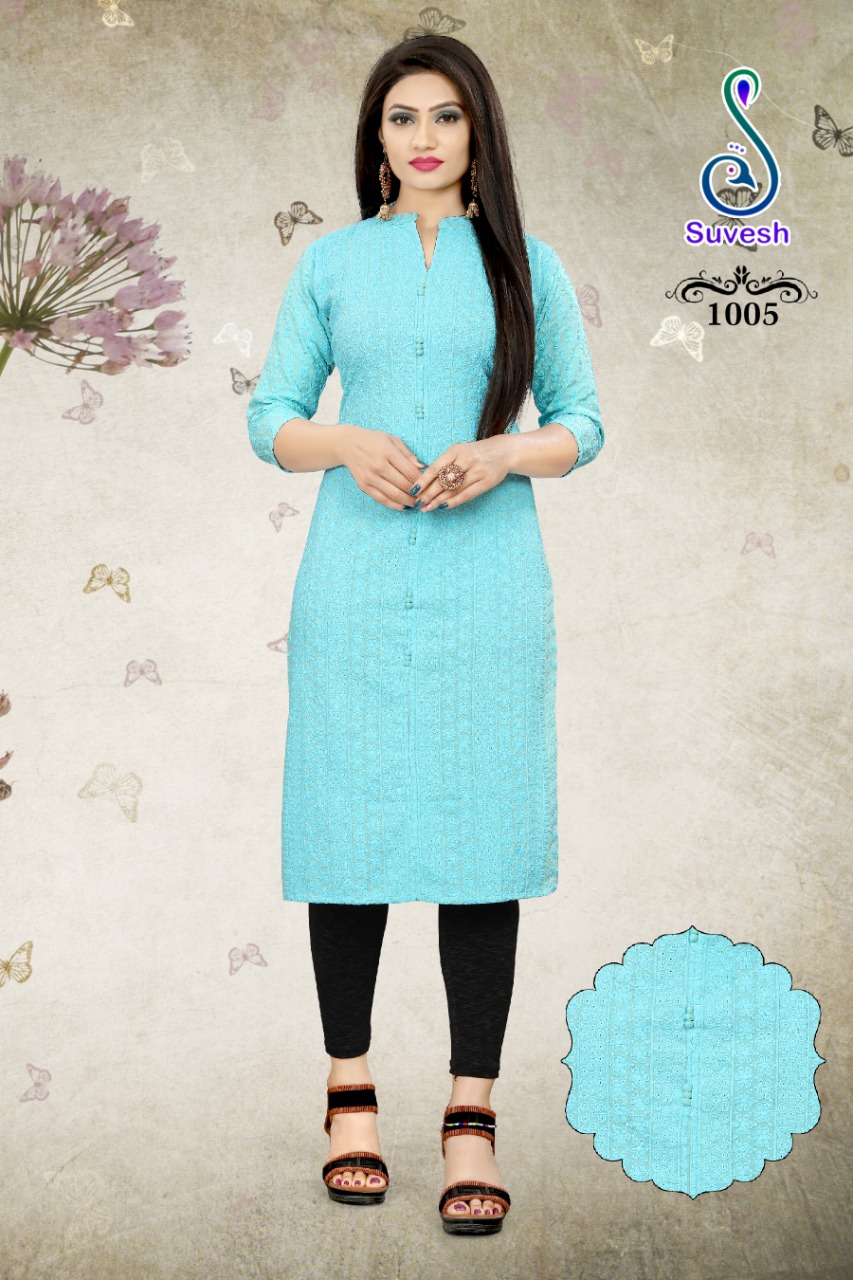 Suvesh Lucknowi Vol 5 Rayon Fancy Look Chicken Work Beautiful Kurtis Collection Wholesale Price