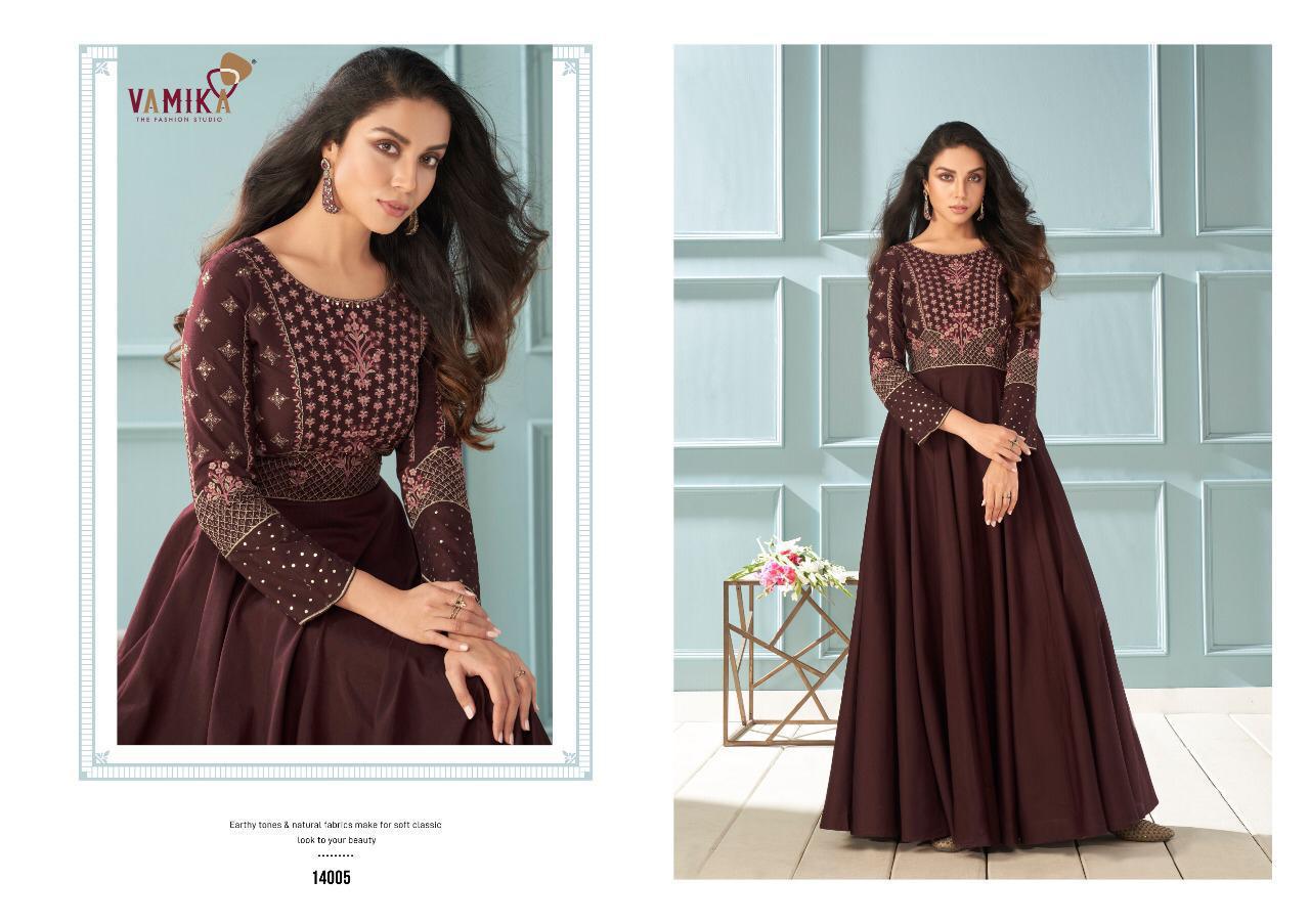 Vaamika Amorina Vol 6 Muslin Silk Embroidery Designer Party Wear Long Gown Collection Wholesale Price