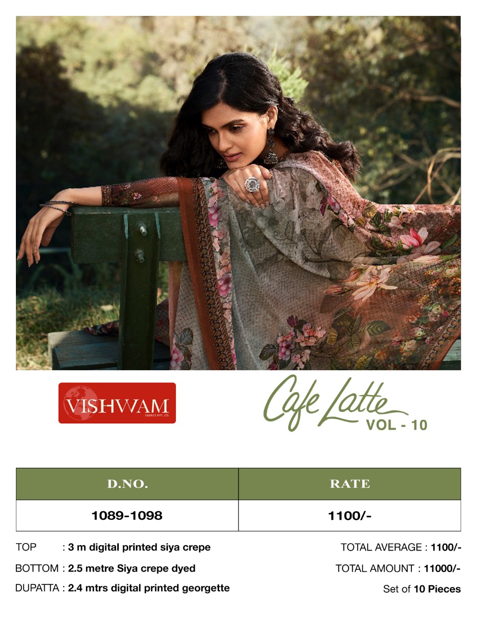 Vishwam Cafe Latte Vol 8 1089-1098 Series Pure Crape Beautiful Look Printed Suits With Swarovski Work Salwar Kameez Wholesale Price
