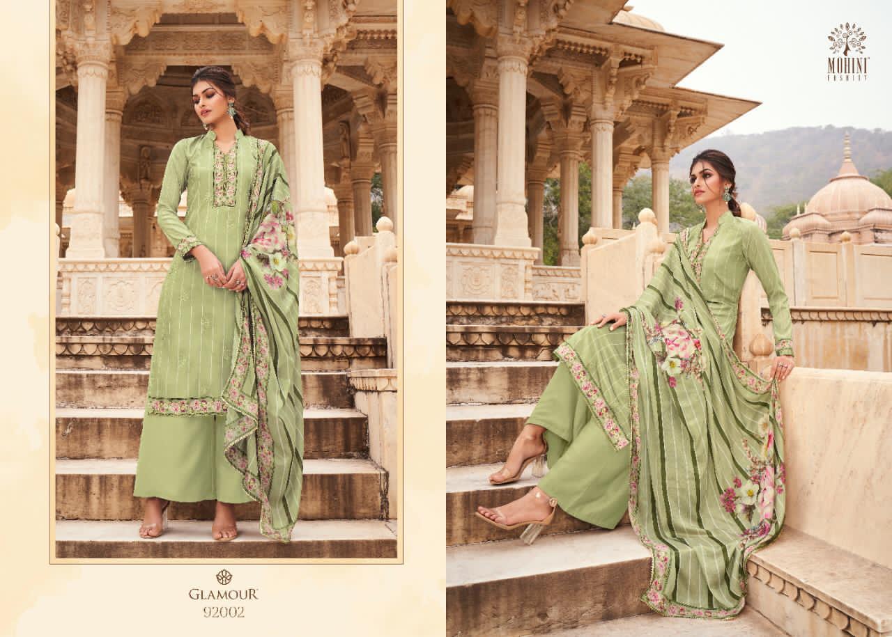 Mohini Fashion Glamour Vol 92 92001-92006 Series Natural Crape Embroidered Suits Collection Wholesale Price