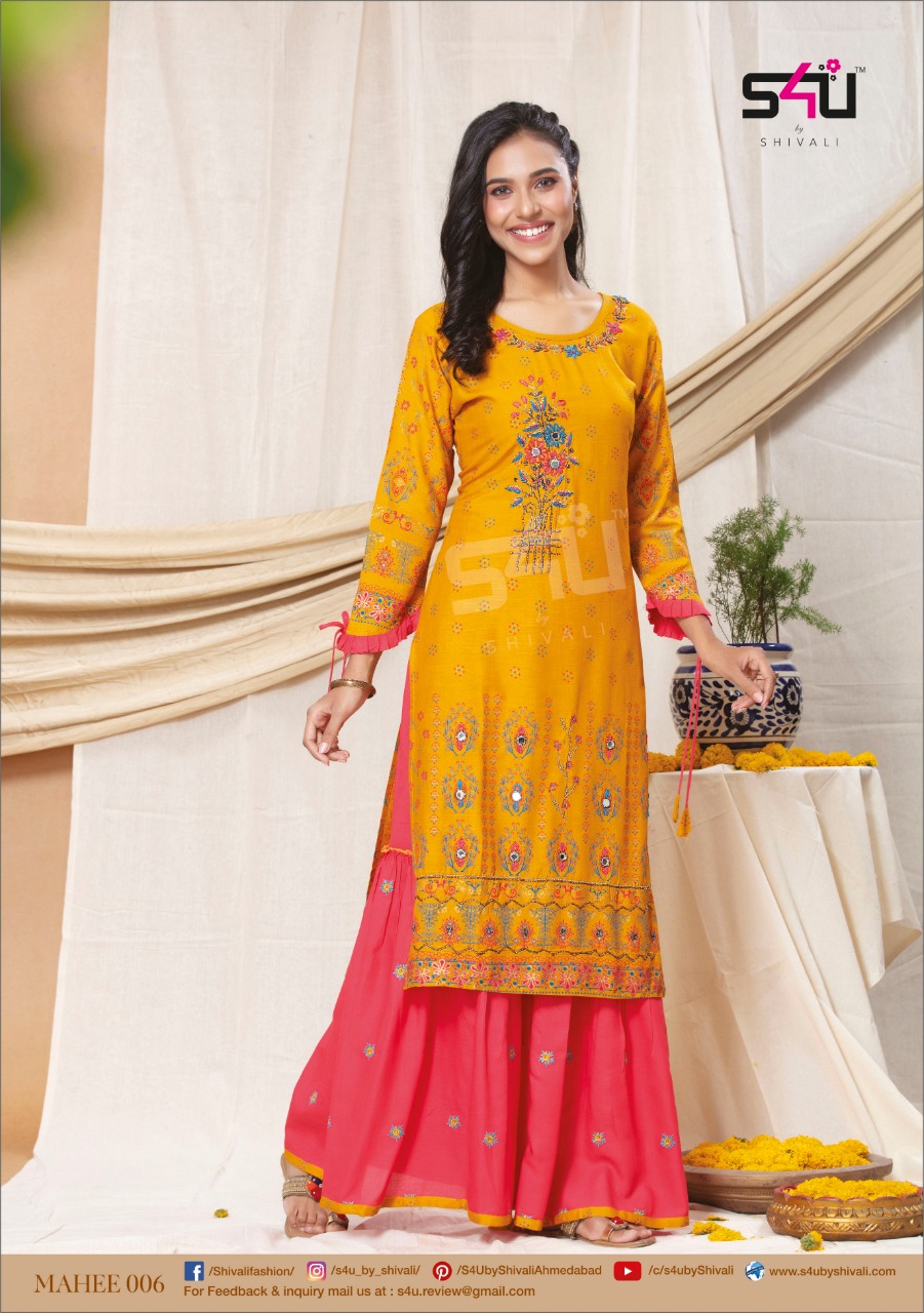 S4u Shivali Mahee 001-006 Series Party Wear Kurtis With Plazo Set Wholesale  Price Surat