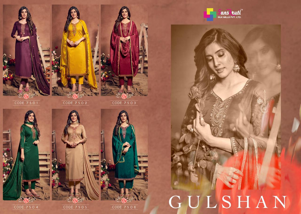 Sanskruti Silk Gulshan Pure Jam Silk Cotton Fancy Embroidered Suits Wholesale Dealer Surat