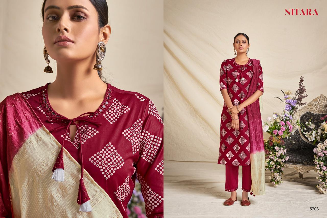 Nitara Bandhej Pure Cotton Designer Look Kurtis With Bottom Dupatta Set Wholesale Dealer Surat