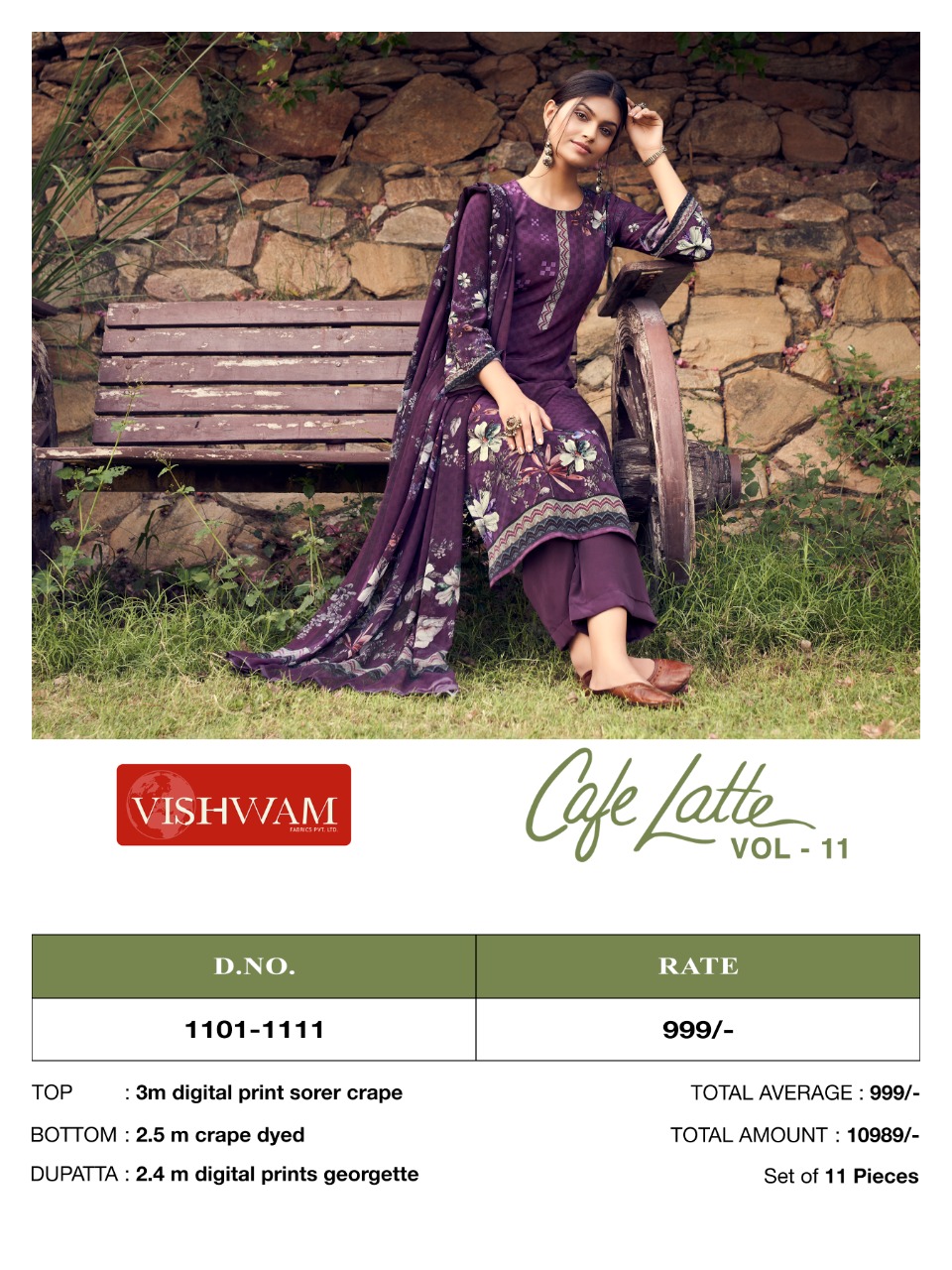 Vishwam Presents Cafe Latte Vol 11 Catalogue Wholesale Designer Printed Crape Suits Supplier Surat