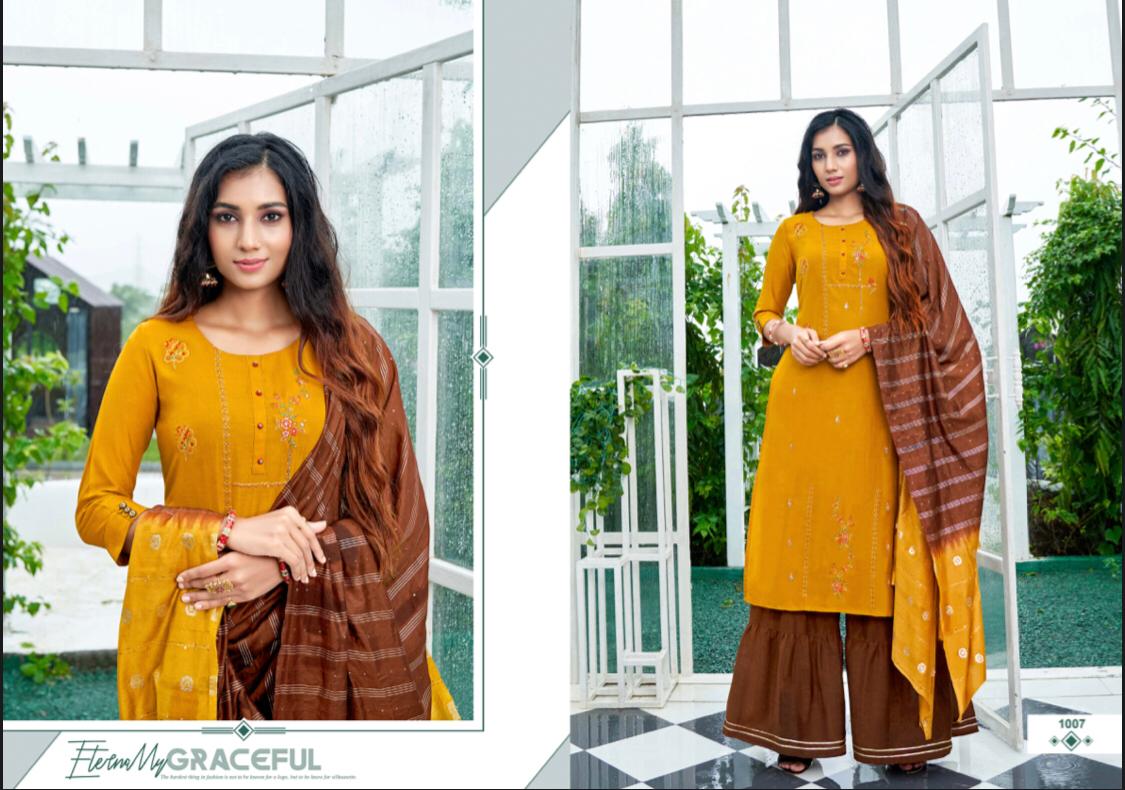 Amaaya Garment Pleasant Chinon Silk Fancy Kurtis Bottom Dupatta Set Wholesale Price Surat